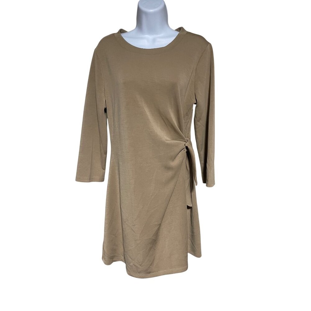 Cable & Gauge Tan Tie-Waist 3/4 Sleeve Dress Size L Modal Blend